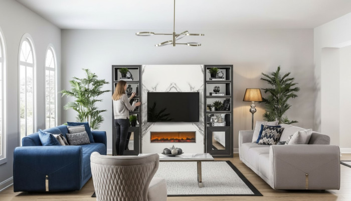 Sofas šķirnes 3+3+1 sēdvietu komplekts dizaina dīvānos ar auduma apdari un ādas dīvānu.