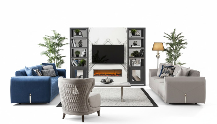 Sofas šķirnes 3+3+1 sēdvietu komplekts dizaina dīvānos ar auduma apdari un ādas dīvānu.