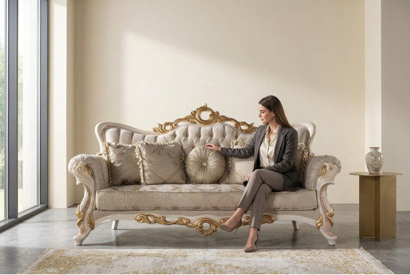 Chesterfield Barokas Dīvāns Mēbeles Dīvāns audums Zelts Trīsvietīgs