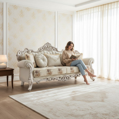 Luksusa trīsvietīga dīvāna mīkstais mēbeles veļš baroka rokoko 3-vietīgā sofa
