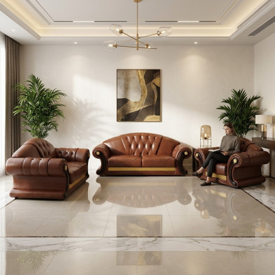 Brūna Chesterfield ādas dīvāngarnitūra ar 3+2+1 komplektu