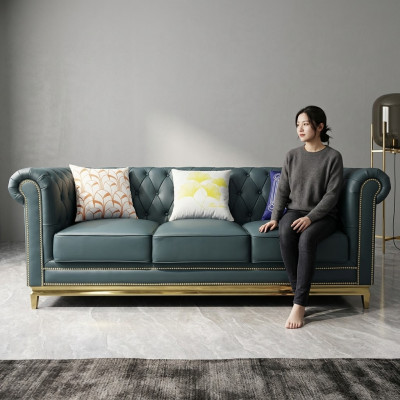 Chesterfield Sofa Dīvāns Mēbeļu trīs vietu dīvāns Tekstilas tērauda struktūra