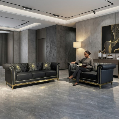Schvartas Chesterfield dzīvojamās istabas dīvāns kompletts luxus set 3+2 vietājus 2 gabali.