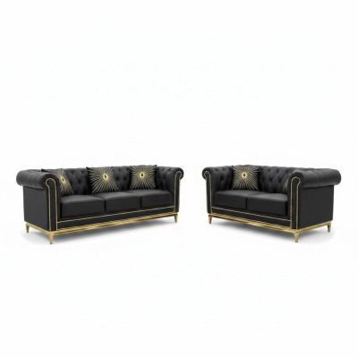 Schvartas Chesterfield dzīvojamās istabas dīvāns kompletts luxus set 3+2 vietājus 2 gabali.