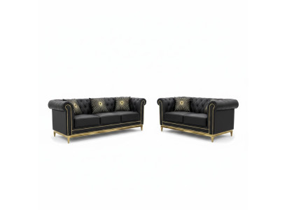 Schvartas Chesterfield dzīvojamās istabas dīvāns kompletts luxus set 3+2 vietājus 2 gabali.