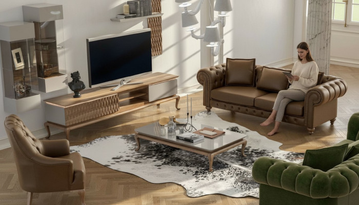 Brūns Chesterfield luksusa mīkstais sēdekļu komplekts Moderns trīs vietu krēsls Tekstils
