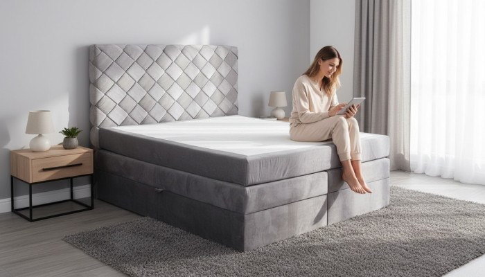 Boxspring gulta ar gultas kasti, matraci, Česterfīlda stilā guļamistabas gultas.