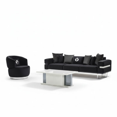 Mūsdienīgs dzīvojamā istabas komplekts Melna sofa melna krēsla galdiņš jauns