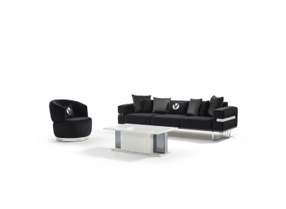 Mūsdienīgs dzīvojamā istabas komplekts Melna sofa melna krēsla galdiņš jauns