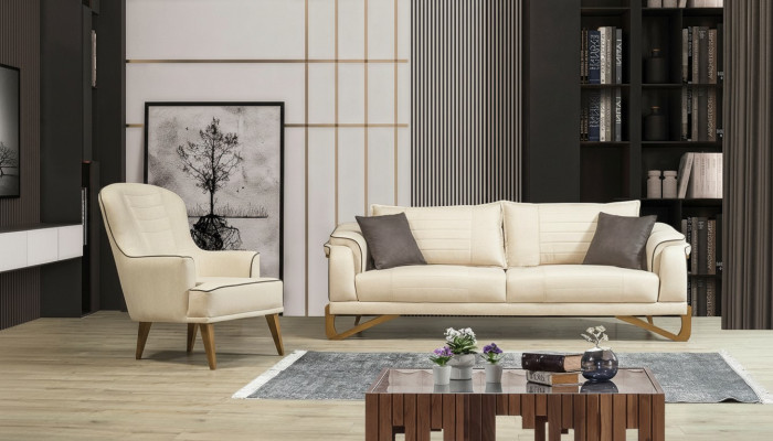 Sofas komplekts smilškrāsā ar koka rāmi, 3+1 sēdvietu dīvāns galdi.