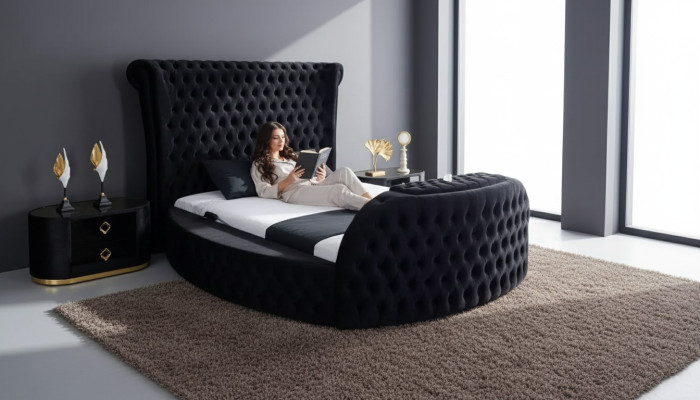 Gultas melnās Chesterfield modernā viesnīcas divvietīgas gultas modernā polsterēta gulta