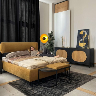 Gulta Dzeltena Skaists Dizains Moderns Guļamistaba Divguļamie Gultas Eleganti Mēbeles