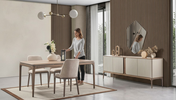 Ēdamgrupa ēdamgalds 4 krēsli galds skaņa spogulis Moderns 7 gab.Holzs Beige