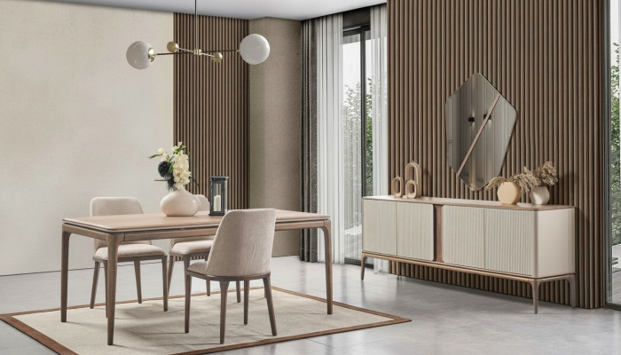 Ēdamgrupa ēdamgalds 4 krēsli galds skaņa spogulis Moderns 7 gab.Holzs Beige