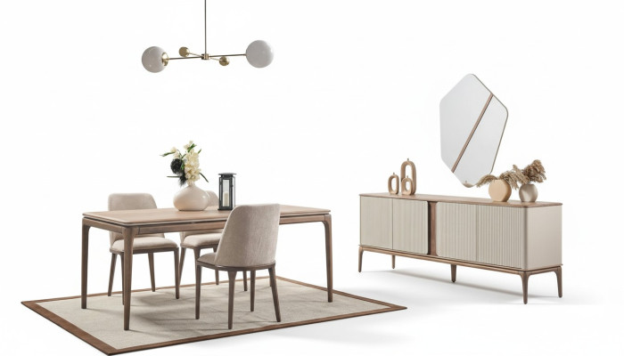 Ēdamgrupa ēdamgalds 4 krēsli galds skaņa spogulis Moderns 7 gab.Holzs Beige