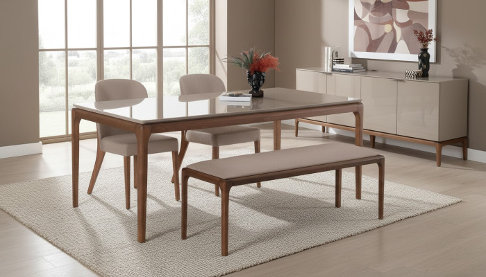 Ēdamgrupa ēdamistabai komplekts - galdi, 4 krēsli un mēbeles beige, 6 gab.