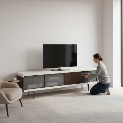 Zemā plaukta RTV skapja dizains luksusa koks baltas mēbeles 225 cm