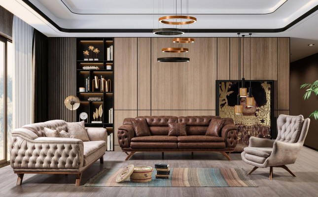 Chesterfield 3 sēdzētvieta Beža dizaina krēsli Polster Sofas auduma krēsli