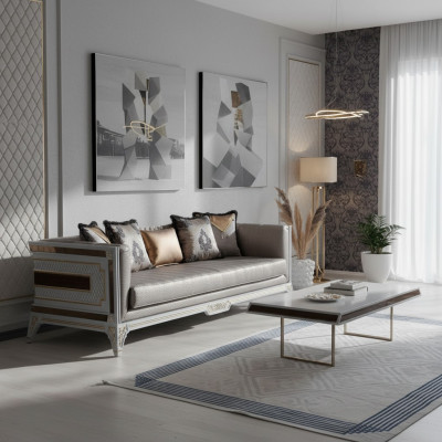 Dizainera mūsdienu luksusa 3-vietīga sofa no koka mēbelēm, ar auduma polsterējumu, pelēkas krāsas, jauna.