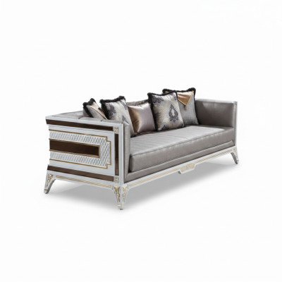Dizainera mūsdienu luksusa 3-vietīga sofa no koka mēbelēm, ar auduma polsterējumu, pelēkas krāsas, jauna.