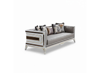 Dizainera mūsdienu luksusa 3-vietīga sofa no koka mēbelēm, ar auduma polsterējumu, pelēkas krāsas, jauna.