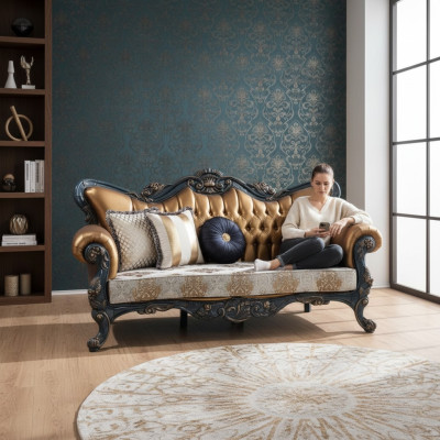 Izsmalcināta sofa klasiskā stilā ar zelta elementiem dzīvojamajai istabai