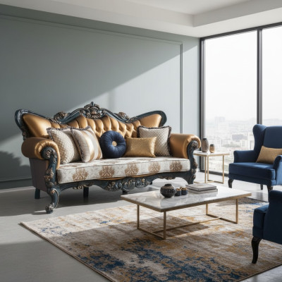 Izsmalcināta sofa klasiskā stilā ar zelta elementiem dzīvojamajai istabai