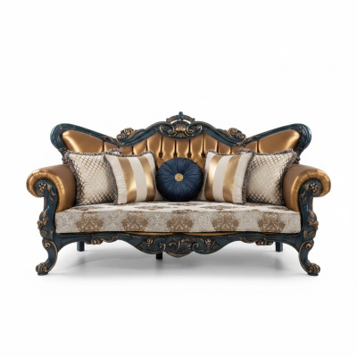 Izsmalcināta sofa klasiskā stilā ar zelta elementiem dzīvojamajai istabai