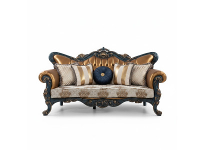 Izsmalcināta sofa klasiskā stilā ar zelta elementiem dzīvojamajai istabai