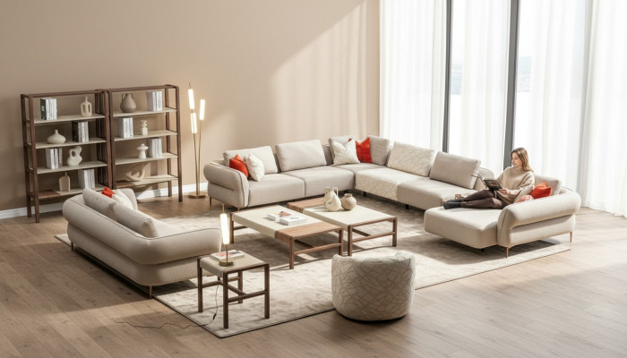 Sofas komplekts 2+1 sēdvietu Ā-veida dīvāns dzīvojamā istabā Komplektā Luxus dīvāni
