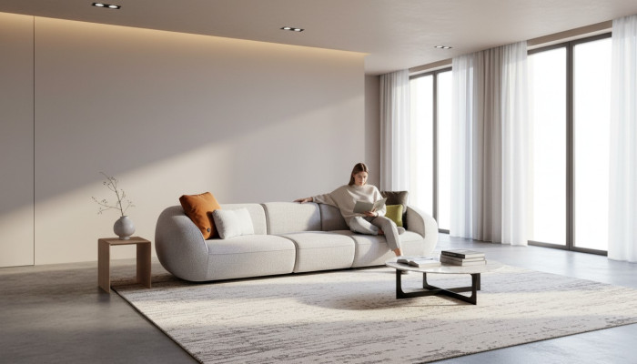Sofa ar polsteru Lielais pieccērtains dzīvojamais istabas dīvāns Moderna tekstila mēbeles