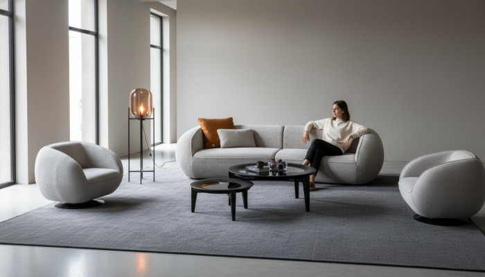 Pelēka luksusa četrmetros sofa luksusa krēsli tērpušās mēbeles