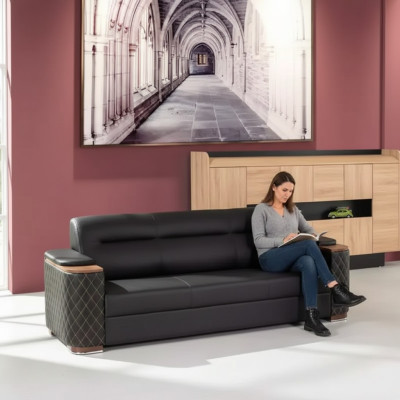 Biroja mēbeles trīsvietīga dīvāns Melna luksusa mīkstā sofa Darba telpa Jauna