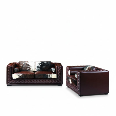Tumši sarkanā Chesterfield dīvāngarnitūra 3+2 sēdvietas 2 gab. Ādas komplekts ar zirgu ādu.