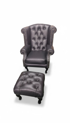 Luksusa auskari un pufi Chesterfield krēsls ādas melns moderns