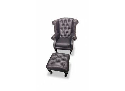 Luksusa auskari un pufi Chesterfield krēsls ādas melns moderns