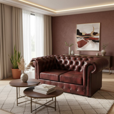 Dīvāns Chesterfield 2 vietām ādas mīkstā kreslā Sofa Brūni Moderni