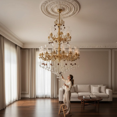 Luksusa griestu lampa zelta kronšleife griestu lampa kāroņa kristāls 130x280cm.
