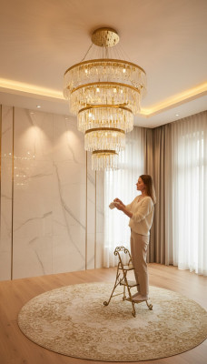 Gredzenveida griestu lustra luksusa zelta griestu lampa krištāls lampa