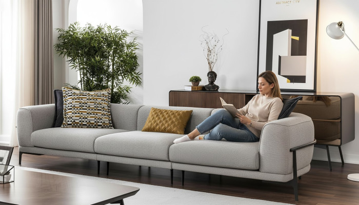 Trijvietīga sofa 3 sēdvietas auduma sofa mūsdienīga pelēka sofa jauna