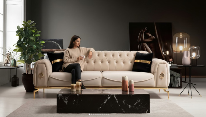 Moderns Chesterfield dīvāns ar trim sēdvietām, auduma mēbeles, nerūsējošā tērauda mēbeles, dīvāns