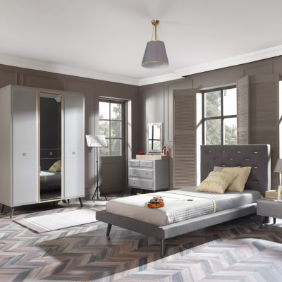 Complete Youth Bed Bedroom Furniture Wooden Bed Gray Bed Set 4 pieces