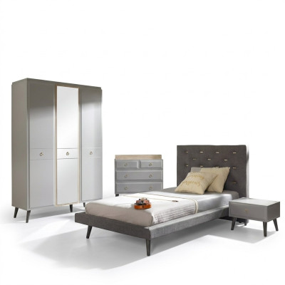 Complete Youth Bed Bedroom Furniture Wooden Bed Gray Bed Set 4 pieces