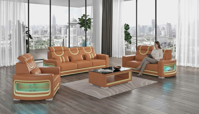 Sofas komplekts Luxury Komplektējiet dīvāna komplektu Brūns mākslīgais ādas dīvāns 321