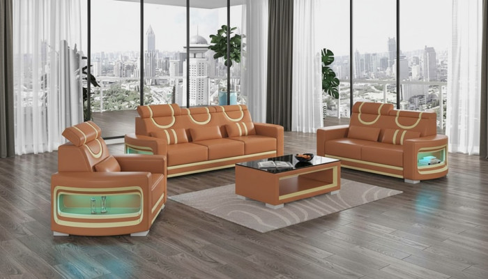 Sofas komplekts Luxury Komplektējiet dīvāna komplektu Brūns mākslīgais ādas dīvāns 321