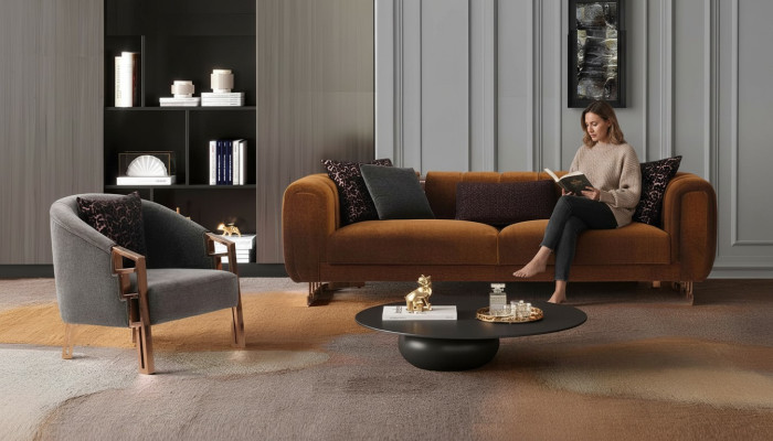 Ganu astoņu divu kresls brūns auduma dīvāns komplektsiksējumi Sofa