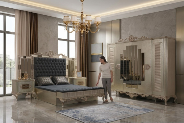 Divu personu gultas Chesterfield Luksusa guļamistabas komplekts Gulta 5 daļas Zelta gultas