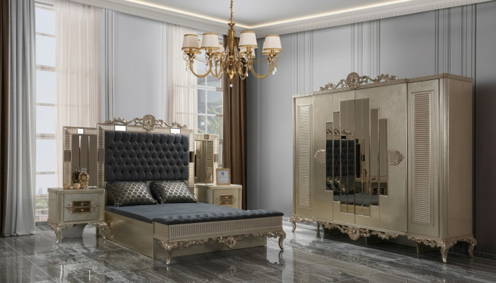 Divu personu gultas Chesterfield Luksusa guļamistabas komplekts Gulta 5 daļas Zelta gultas