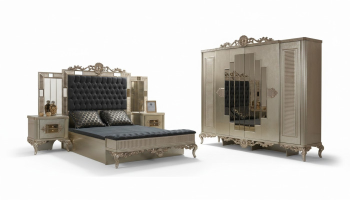 Divu personu gultas Chesterfield Luksusa guļamistabas komplekts Gulta 5 daļas Zelta gultas