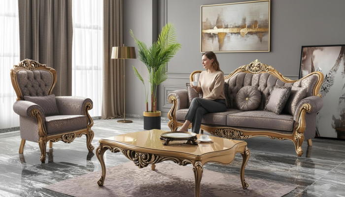 Chesterfield divvietīgs dīvāns ar krēslu auduma galds pelēks dīvāns